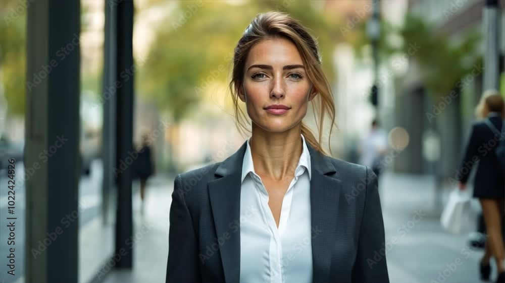 A confident businesswoman in a sharp business suit, walking down a city street with a determined look, capturing the essence of corporate success Close-up photo with clean background A confident businesswoman in a sharp business suit, walking down a city street with a determined look, capturing the essence of corporate success Close-up photo with clean background
