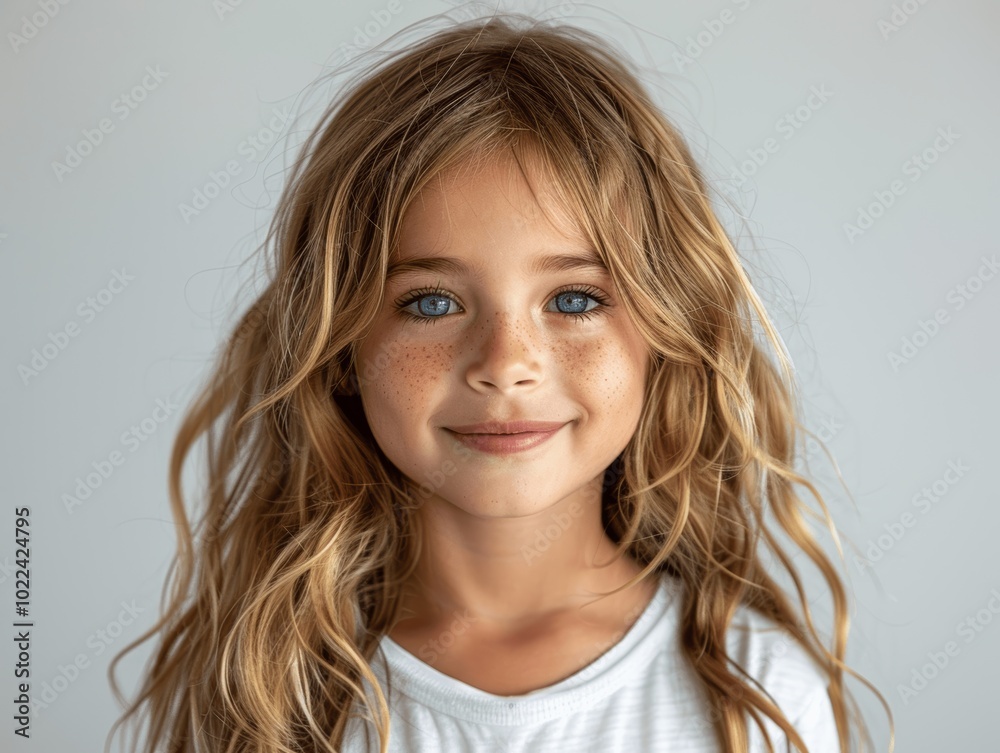 Portrait of a Happy Smiling Little Girl with Wavy Hair Wearing a White T-Shirt Isolated on White Background Portrait of a Happy Smiling Little Girl with Wavy Hair Wearing a White T-Shirt Isolated on White Background