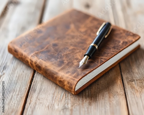 Classic leather-bound journal with a fountain pen