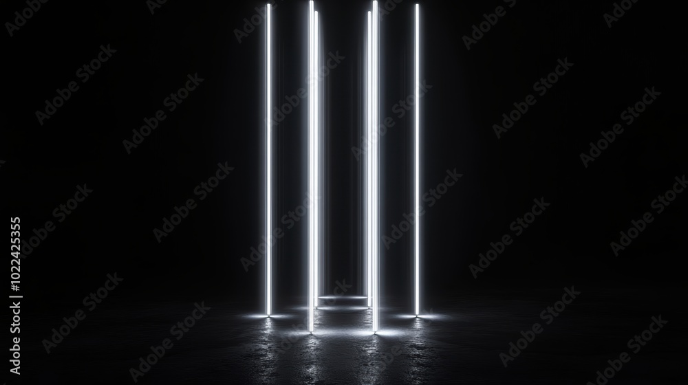 black background, five vertical silver lines rise from the bottom of the frame, resembling steps. The design is minimal yet elegant. A small figure is standing on the bottom black background, five vertical silver lines rise from the bottom of the frame, resembling steps. The design is minimal yet elegant. A small figure is standing on the bottom