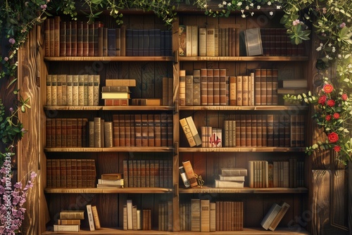 Wooden shelves filled with various textbooks and academic literature, complemented by vibrant greenery and decorative flowers nearby. Generative AI