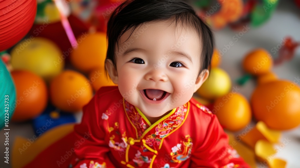 Happy Baby in Vibrant Red Outfit Surrounded by Oranges Happy Baby in Vibrant Red Outfit Surrounded by Oranges