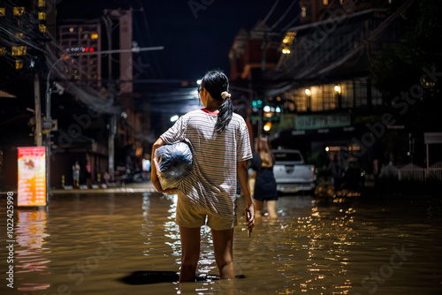 flood victims woman stands in the flooded streets of Chiang Mai city at night 2024, holding a bag with personal belongings. Another person wades ahead through the water photo