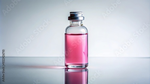 A single glass vial filled with vibrant pink liquid sits on a reflective surface, casting a subtle shadow, with a clear backdrop.