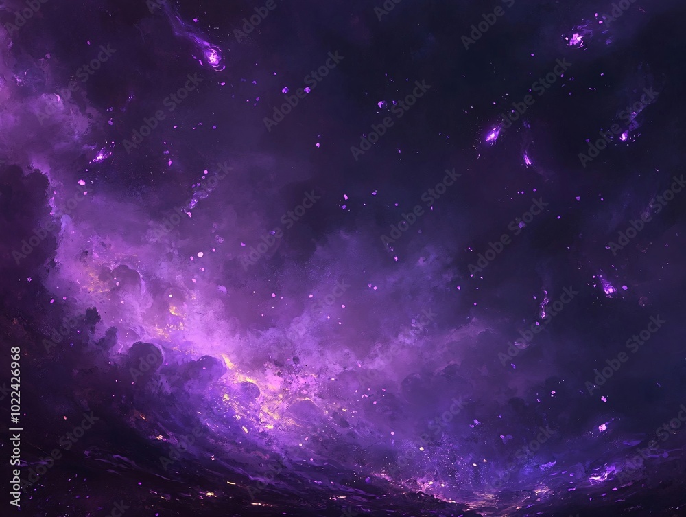 Obraz premium 2408 26.A swirling purple mist rises from the bottom of the frame, with glowing embers and small particles floating through the air. Dark, moody clouds form the backdrop, while sparks of violet magic