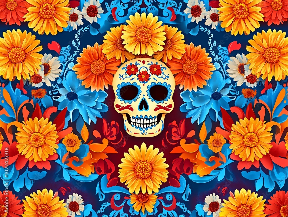 2408 31.A vibrant banner celebrating Mexico's Day of the Dead, featuring colorful marigolds, sugar skulls, and traditional papel picado. The background is filled with vivid reds, blues, and yellows, 2408 31.A vibrant banner celebrating Mexico's Day of the Dead, featuring colorful marigolds, sugar skulls, and traditional papel picado. The background is filled with vivid reds, blues, and yellows,
