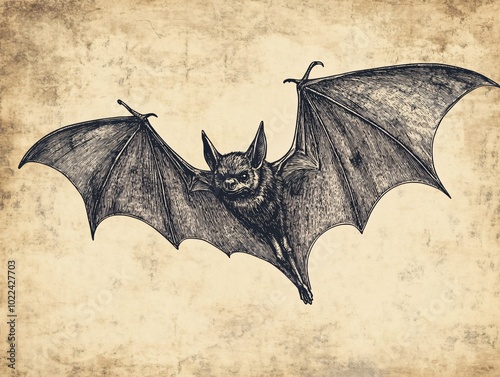 2408 38.A vintage hand-drawn vector of a bat, inked in solid black, with elongated wings and defined textures across the body and wing membranes. The bat is depicted flying in an elegant arc, with photo