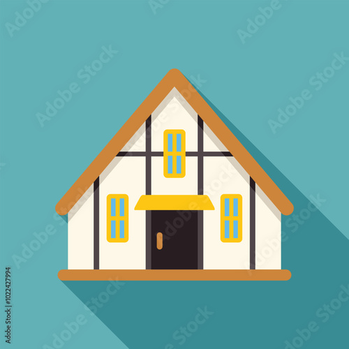 Traditional english tudor style house casting a long shadow over a blue background