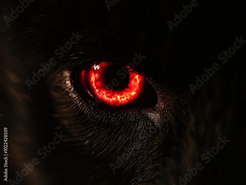 2408 55.A close-up of glowing red eyes staring out from the blackness, filled with a menacing, animalistic rage. The contrast between the intense red glow and the dark, surrounding void amplifies the