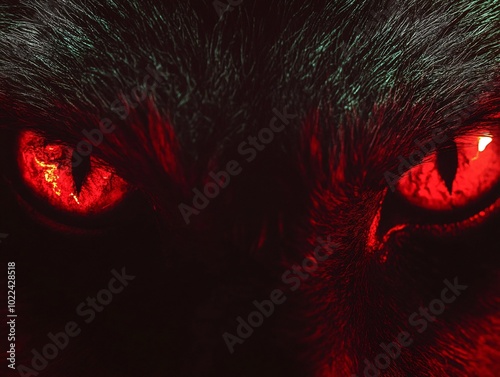 2408 55.A close-up of glowing red eyes staring out from the blackness, filled with a menacing, animalistic rage. The contrast between the intense red glow and the dark, surrounding void amplifies the photo