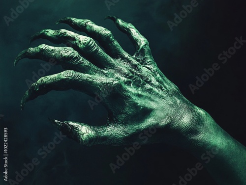 2408 57.A creepy green hand with long, pointed nails emerging from the shadows. The eerie light highlights the gnarled texture of the skin and the sharpness of the nails, creating an unsettling,