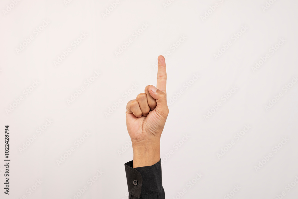 Close-up of Caucasian male hand showing one number gesture isolated on white studio background. Hand number concept for people with disabilities. Close-up of Caucasian male hand showing one number gesture isolated on white studio background. Hand number concept for people with disabilities.
