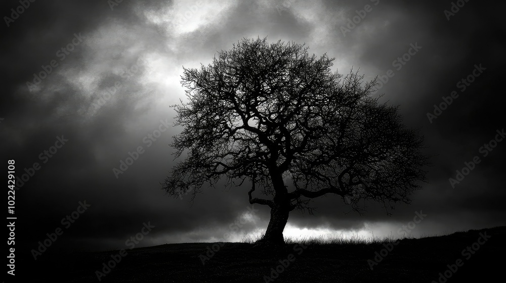 Black silhouette of a tree against a twilight sky, creating a moody and serene natural scene. Black silhouette of a tree against a twilight sky, creating a moody and serene natural scene.