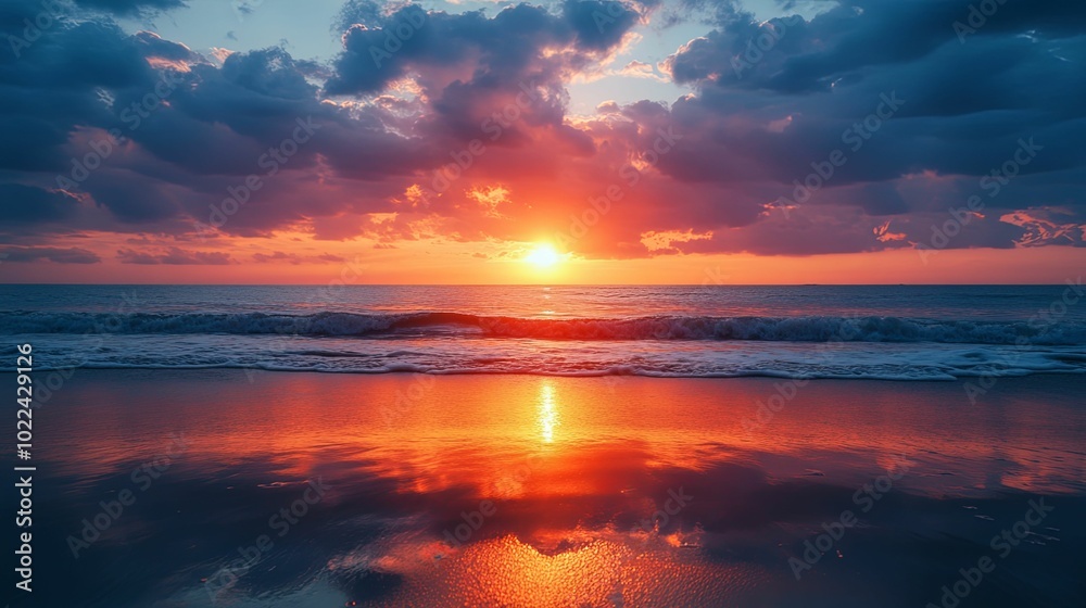 A vibrant sunset casts its warm glow over a tranquil ocean shore. A vibrant sunset casts its warm glow over a tranquil ocean shore.