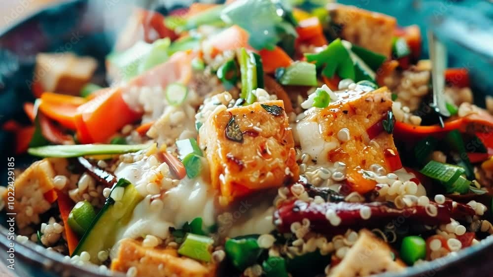 Delicious and healthy quinoa stir fry with tofu and fresh veggies, perfect for vegans and vegetarians. Packed with green onions, carrots, and peas, this colorful dish is great for lunch or dinner Delicious and healthy quinoa stir fry with tofu and fresh veggies, perfect for vegans and vegetarians. Packed with green onions, carrots, and peas, this colorful dish is great for lunch or dinner