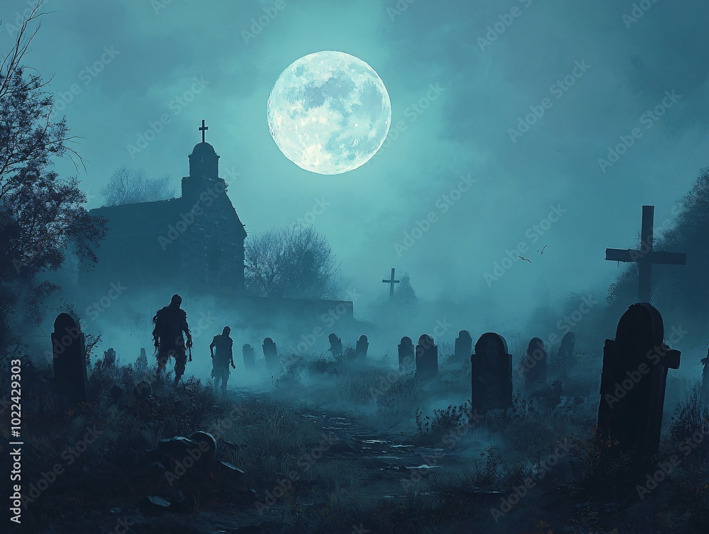2408 68.The full moon dominates the night sky, casting a pale light over a graveyard where zombies are slowly rising from their graves. The crooked gravestones and skeletal trees create a creepy 2408 68.The full moon dominates the night sky, casting a pale light over a graveyard where zombies are slowly rising from their graves. The crooked gravestones and skeletal trees create a creepy