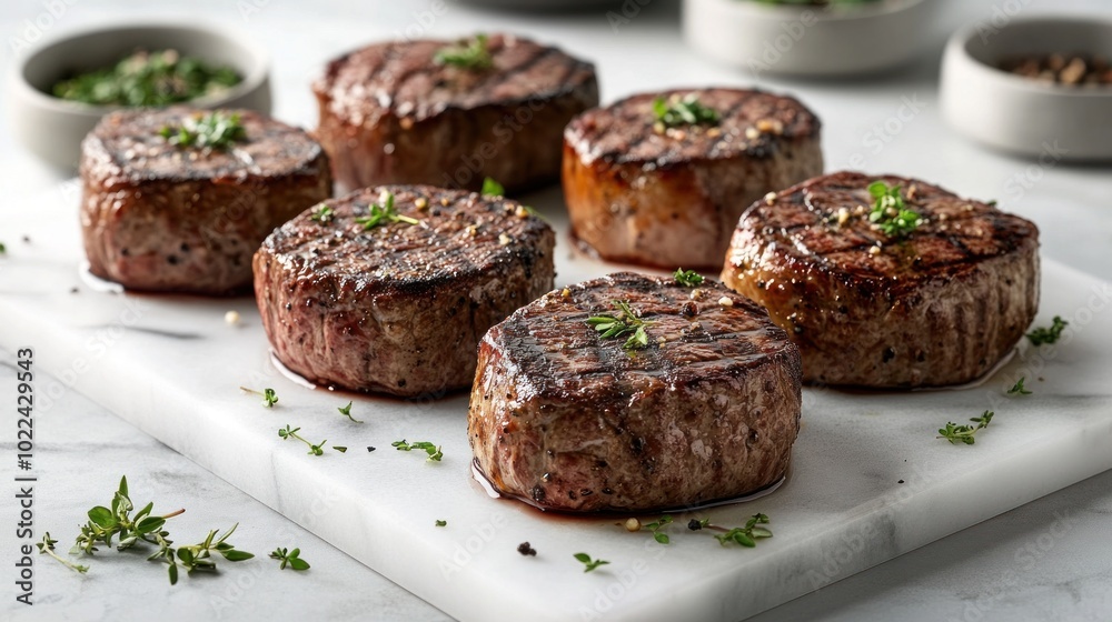 Perfectly Grilled Steak Medallions on White Marble Cutting Board Perfectly Grilled Steak Medallions on White Marble Cutting Board