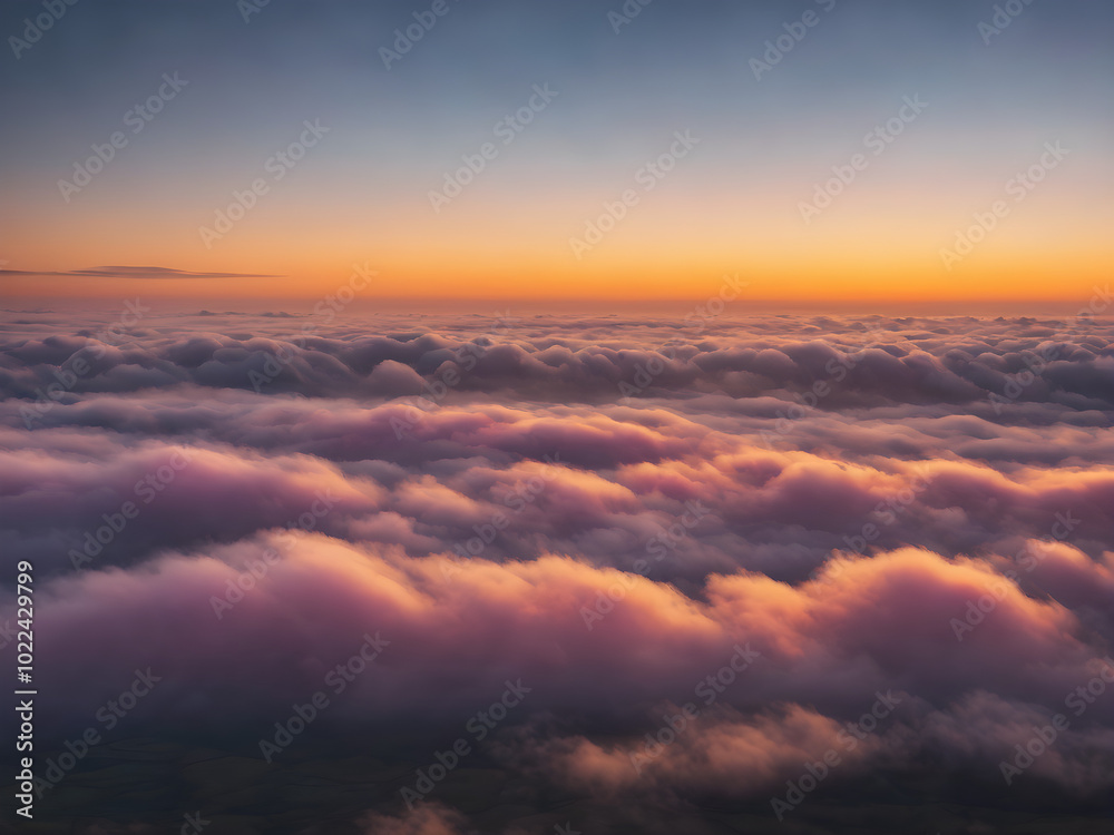 Obraz premium Low clouds lingering near the horizon at dawn, with the sky glowing in pastel shades of yellow, pink, and blue, creating a calming atmosphere 
