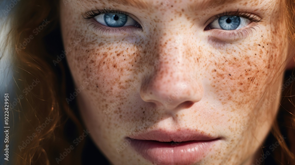 Close-up portrait capturing intense blue eyes, vibrant freckles, and rich auburn hair, evoking a powerful sense of natural beauty and fashion allure. Close-up portrait capturing intense blue eyes, vibrant freckles, and rich auburn hair, evoking a powerful sense of natural beauty and fashion allure.