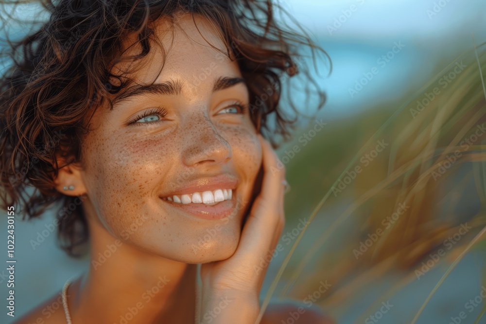Joyful woman with short hair laughing on the beach with necklace and natural skin texture in daylight impressionist style Joyful woman with short hair laughing on the beach with necklace and natural skin texture in daylight impressionist style