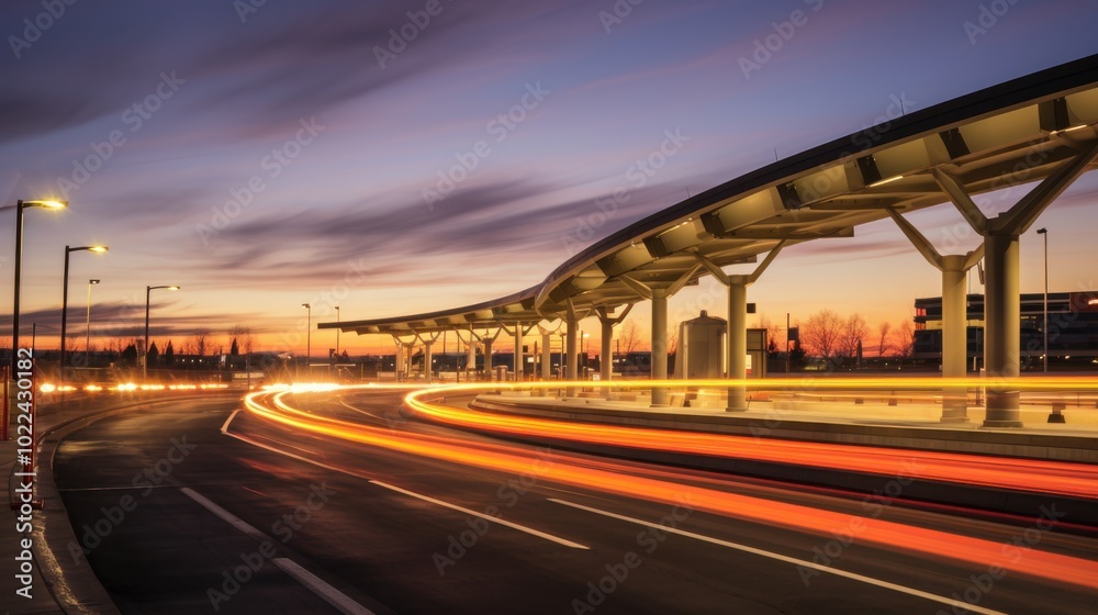 Vibrant streaks of light curve through an urban landscape at dusk, capturing the rush and energy of city nightlife under a colorful sky. Vibrant streaks of light curve through an urban landscape at dusk, capturing the rush and energy of city nightlife under a colorful sky.