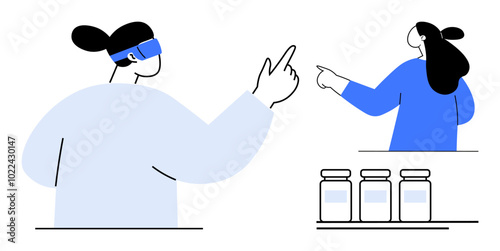 Two individuals, one in a lab coat and the other in casual attire, point and discuss near three specimen jars. Ideal for science, laboratory, research, teamwork, and medical studies themes. Simple