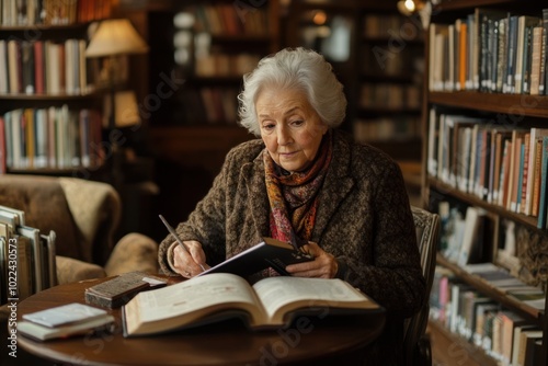 A senior woman at a cozy bookshop cafÃ©, reviewing a life insurance policy while surrounded by shelves of books and a warm, inviting atmosphere 