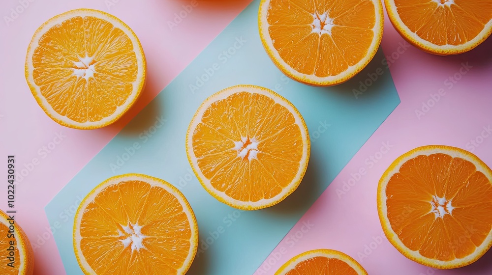Oranges arranged in geometric patterns on a flat pastel background, creating a visually appealing modern look. Oranges arranged in geometric patterns on a flat pastel background, creating a visually appealing modern look.