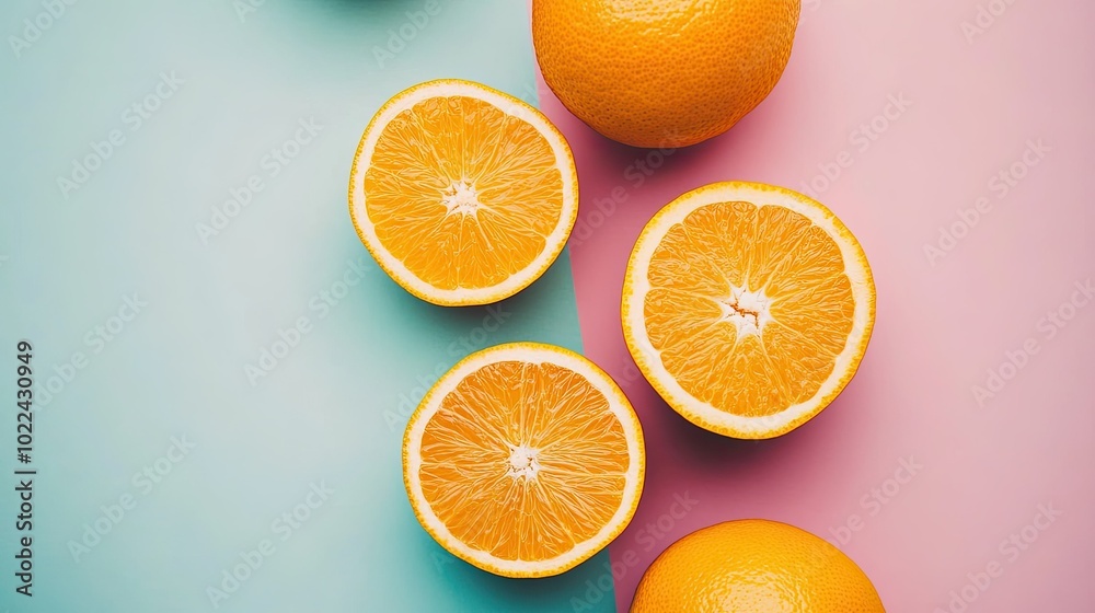 Fototapeta premium Oranges arranged in geometric patterns on a flat pastel background, creating a visually appealing modern look.