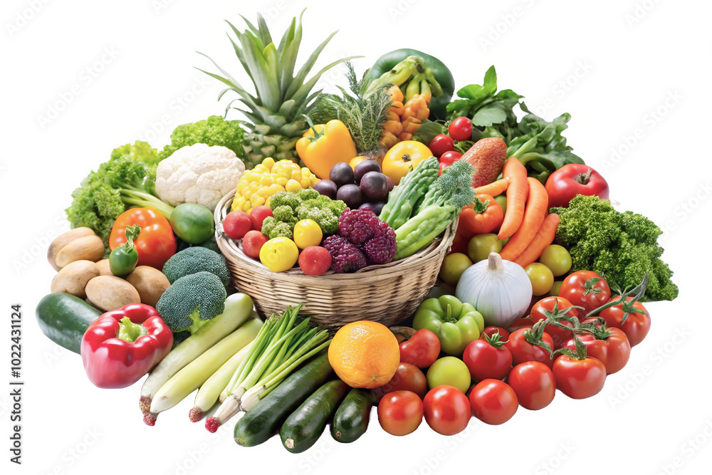 Vibrant Display of Fresh Vegetables and Fruits in a Basket for Healthy Eating and Nutrition Vibrant Display of Fresh Vegetables and Fruits in a Basket for Healthy Eating and Nutrition