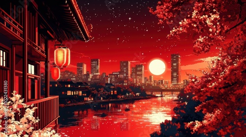 Japanese traditional architecture and red background, with brushes, inkstones, scrolls, grinding strips, a meandering river in the foreground, flowers, lanterns, skyscrapers and cityscapes photo