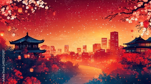 Japanese traditional architecture and red background, with brushes, inkstones, scrolls, grinding strips, a meandering river in the foreground, flowers, lanterns, skyscrapers and cityscapes photo