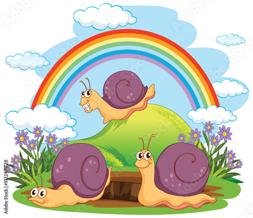 Happy Snails Under Rainbow