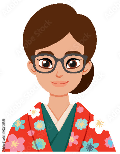Woman in Floral Kimono with Glasses