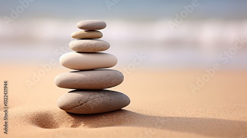 Smooth stones artfully stacked on a sandy beach evoke tranquility and balance against a soft-focus background of gentle ocean waves.
