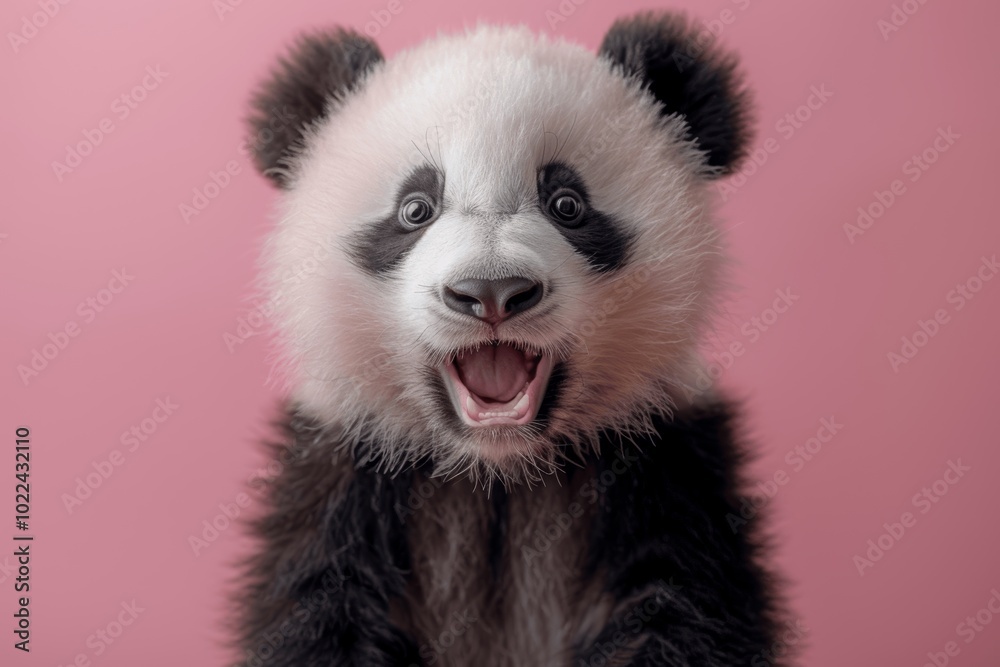 Naklejka premium Surprised panda with wide eyes on pink background, funny animal portrait, cute and shocked expression, ultra realistic close up