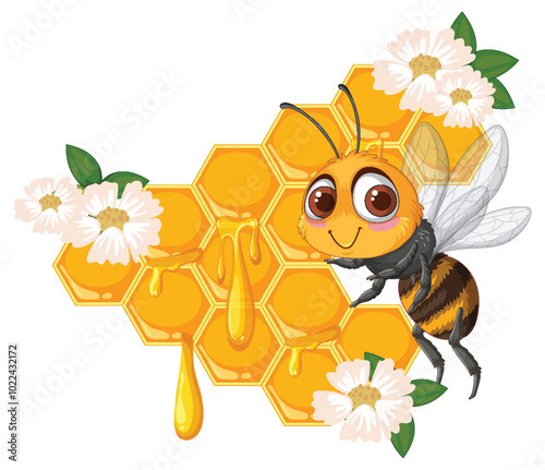 Cute Bee with Honeycomb and Flowers