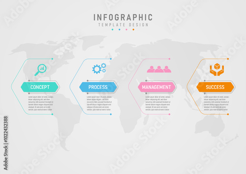 4 step business infographic template multi colored rectangle The top center has white letters, the top has multi-colored icons, and the bottom has multi-colored outline text around the map background.