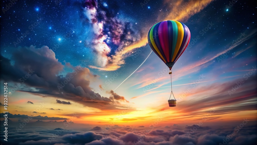 Obraz premium Long Exposure of a Colorful Balloon with a Card Floating in the Sky