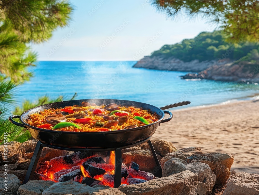 Traditional Spanish paella being cooked over an open flame in a beach setting, surrounded by Mediterranean greenery and a serene sea view Traditional Spanish paella being cooked over an open flame in a beach setting, surrounded by Mediterranean greenery and a serene sea view