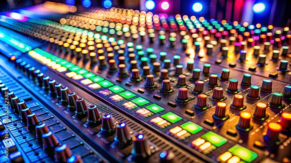 Fototapeta premium A symphony of colored lights illuminates the knobs and buttons of a soundboard, each element playing a part in the intricate orchestration of sound.