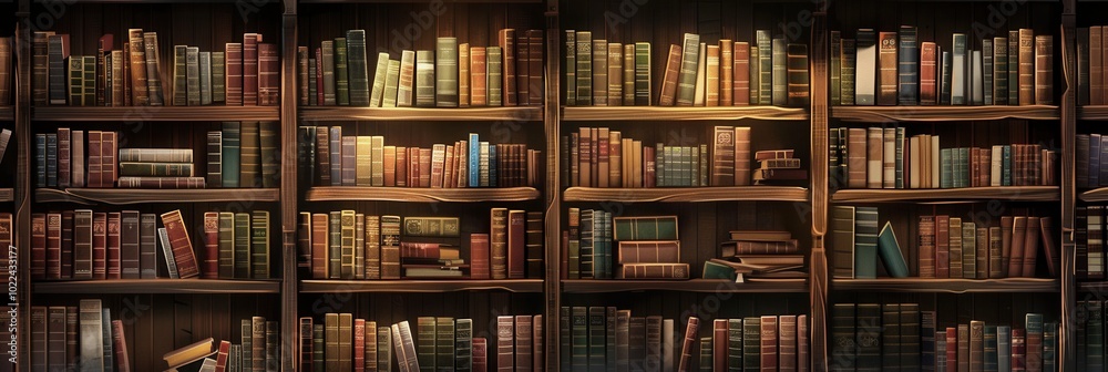 A cozy study area showcases wooden shelves filled with various textbooks and academic literature under warm afternoon light. Generative AI A cozy study area showcases wooden shelves filled with various textbooks and academic literature under warm afternoon light. Generative AI