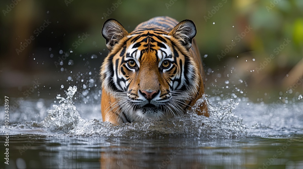 A Tiger Emerges from the Water, Splashing and Gazing Intensely A Tiger Emerges from the Water, Splashing and Gazing Intensely