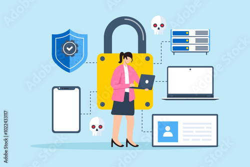 Flat illustration of woman implementing endpoint security solutions to protect devices from malware and cyber attacks