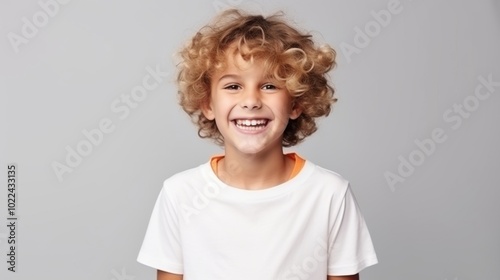 A cheerful blonde boy with curly hair and a big smile exudes joy against a simple gray background, capturing youthful energy and innocence.