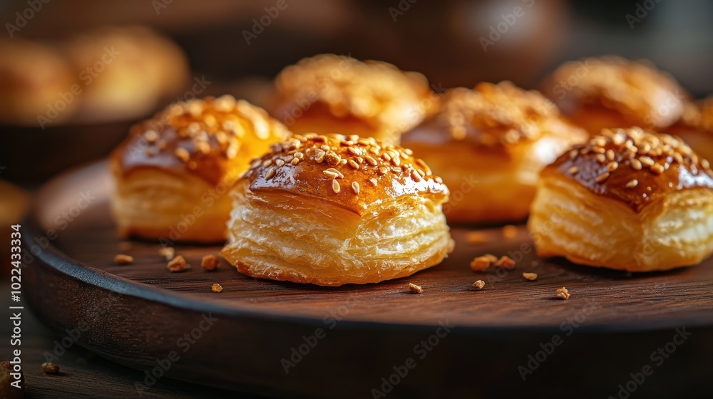 Golden Sesame Puff Pastry Bites on Wooden Platter Golden Sesame Puff Pastry Bites on Wooden Platter