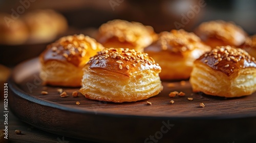 Golden Sesame Puff Pastry Bites on Wooden Platter