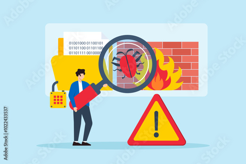Flat illustration of analyst scanning for threats on virtual screen full of firewalls and encrypted data