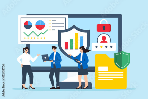 Flat illustration of team of analysts discussing data privacy with cybersecurity charts