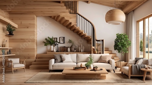 Farmhouse home interior with a modern living room design, highlighting a wooden staircase and a warm, rustic ambiance.-gigapixel-